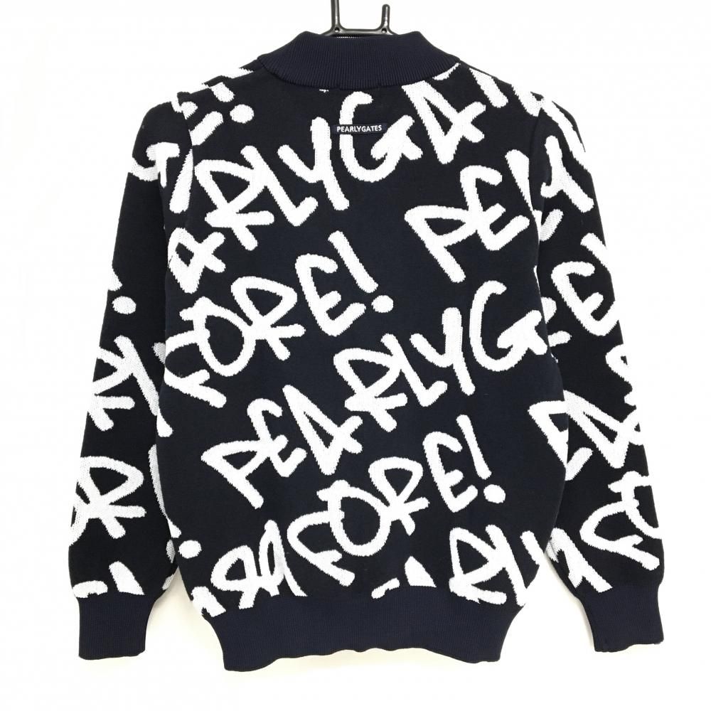 超美品】パーリーゲイツ ハイネックセーター ネイビー×白 ロゴ総柄