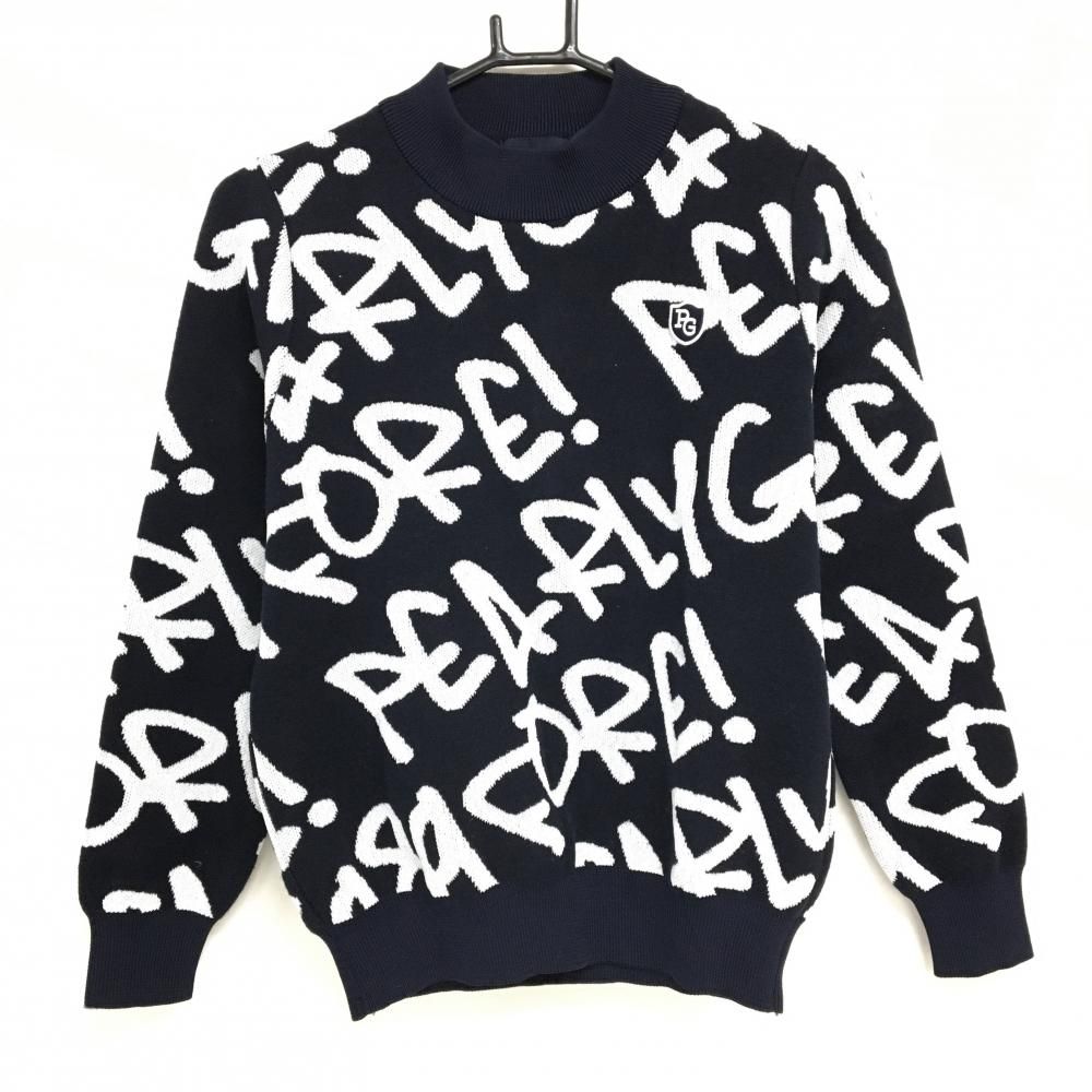 超 パーリーゲイツ ハイネックセーター ネイビー×白 ロゴ総柄 ウール混 ニット レディース 1 M ゴルフウェア PEARLY GATES