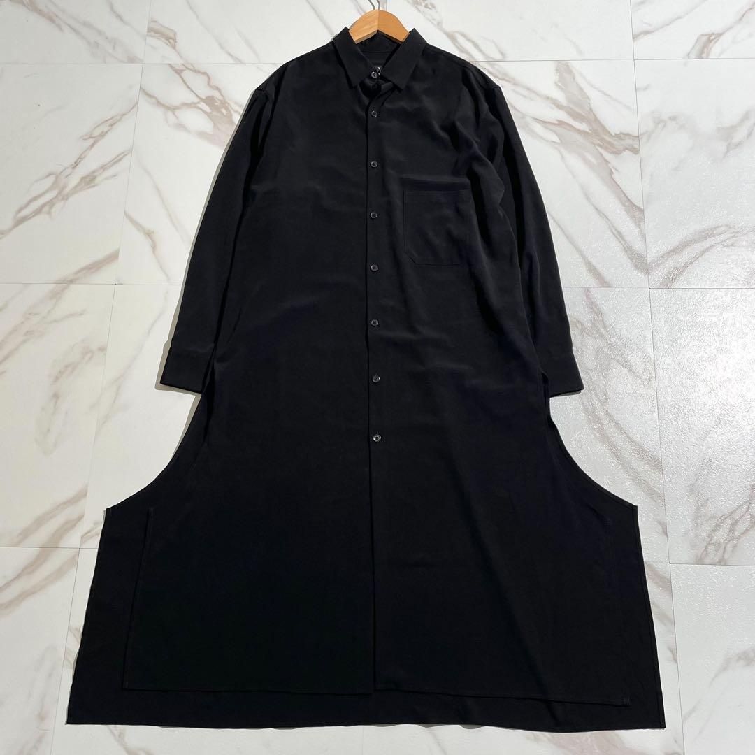 Y s ワイズ Yohji Yamamoto ヨウジヤマモト 2021AW 変形 DE CHINE CURVE SLIT BLOUSE ロング丈 サイドスリット ブラック オーバーサイズロングシャツ 長袖シャツ シャツワンピース トリアセテート Lサイズ相当