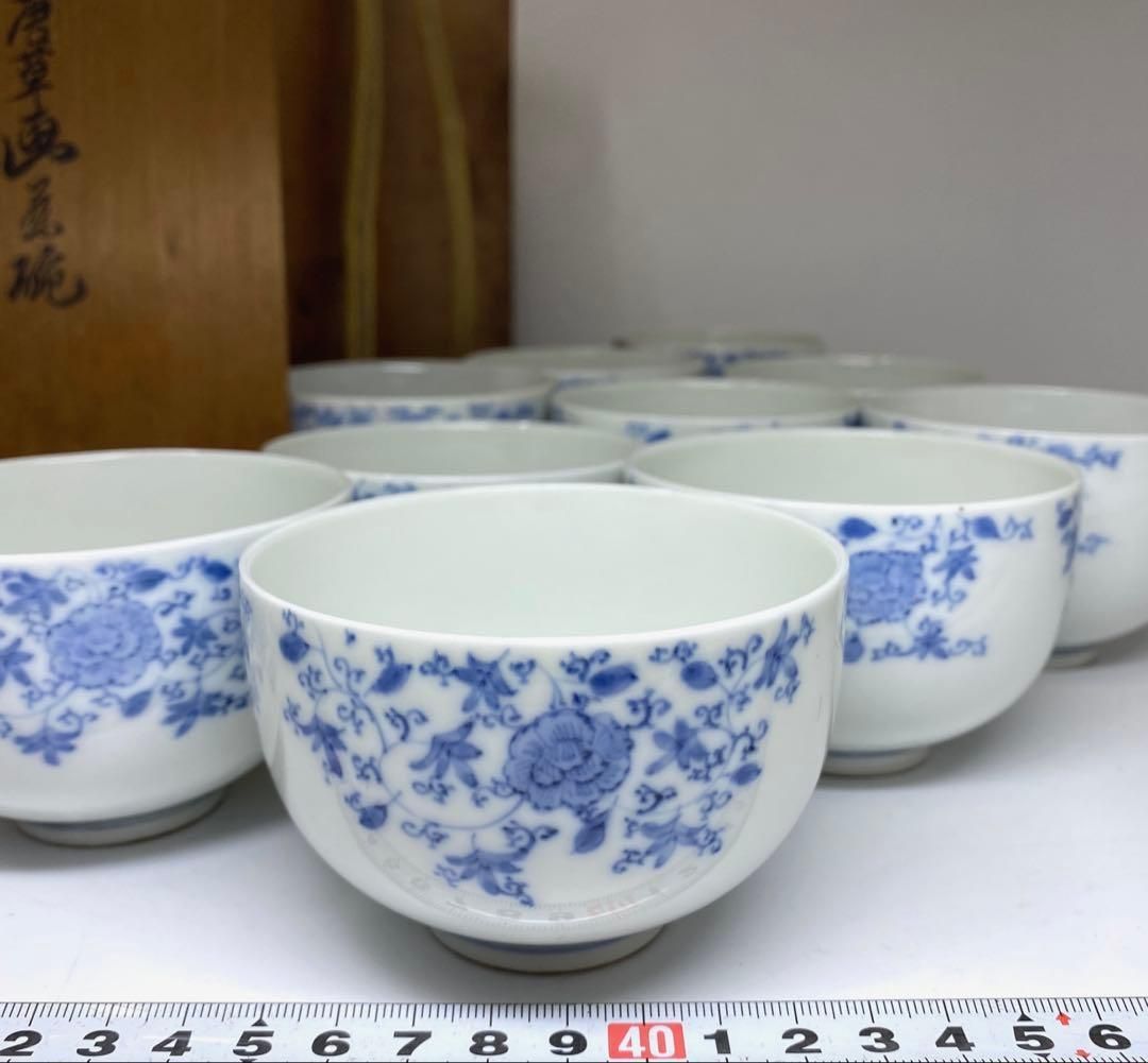 古伊万里 上手染付花唐草湯呑10客 木 口径8.5㎝ 東Y7-0228 2F