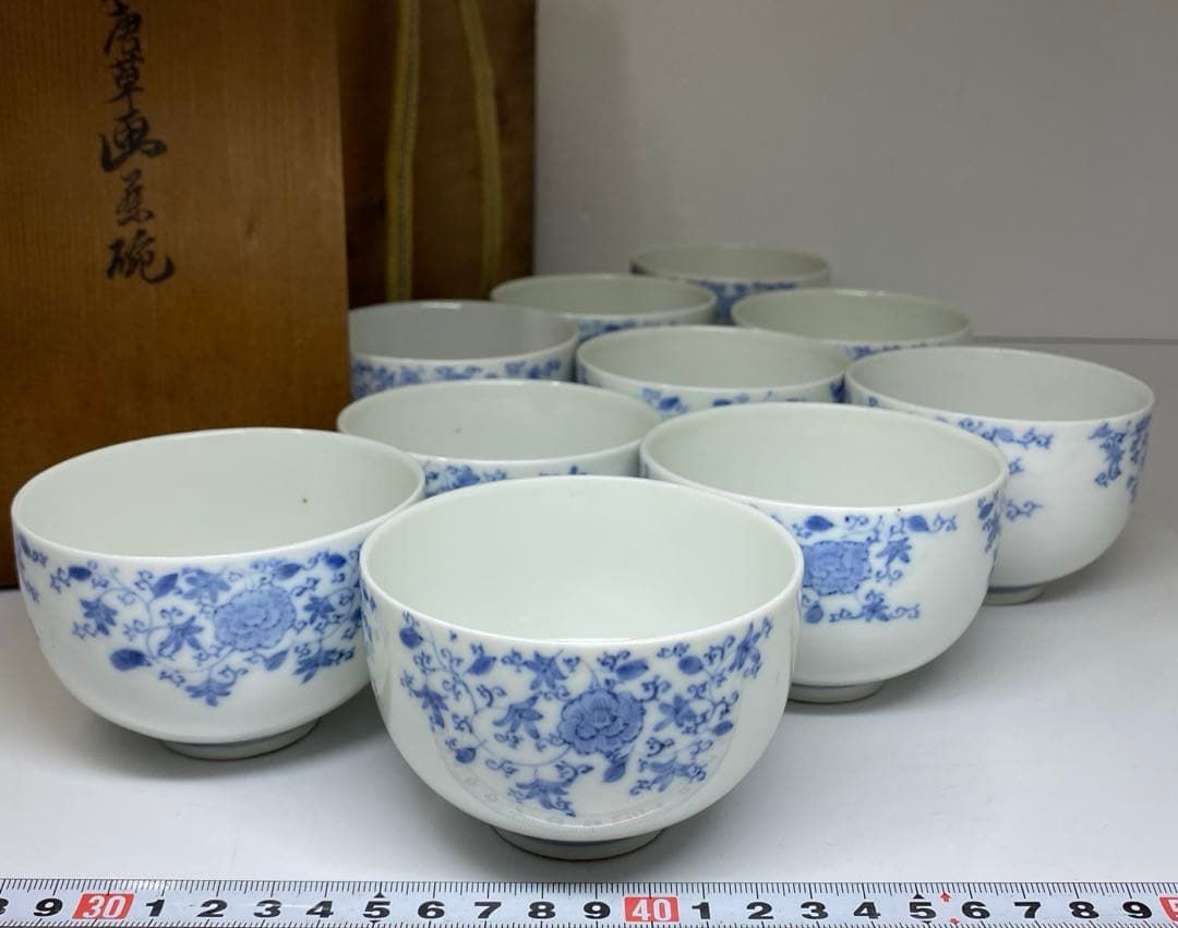 古伊万里 上手染付花唐草湯呑10客 木 口径8.5㎝ 東Y7-0228 2F