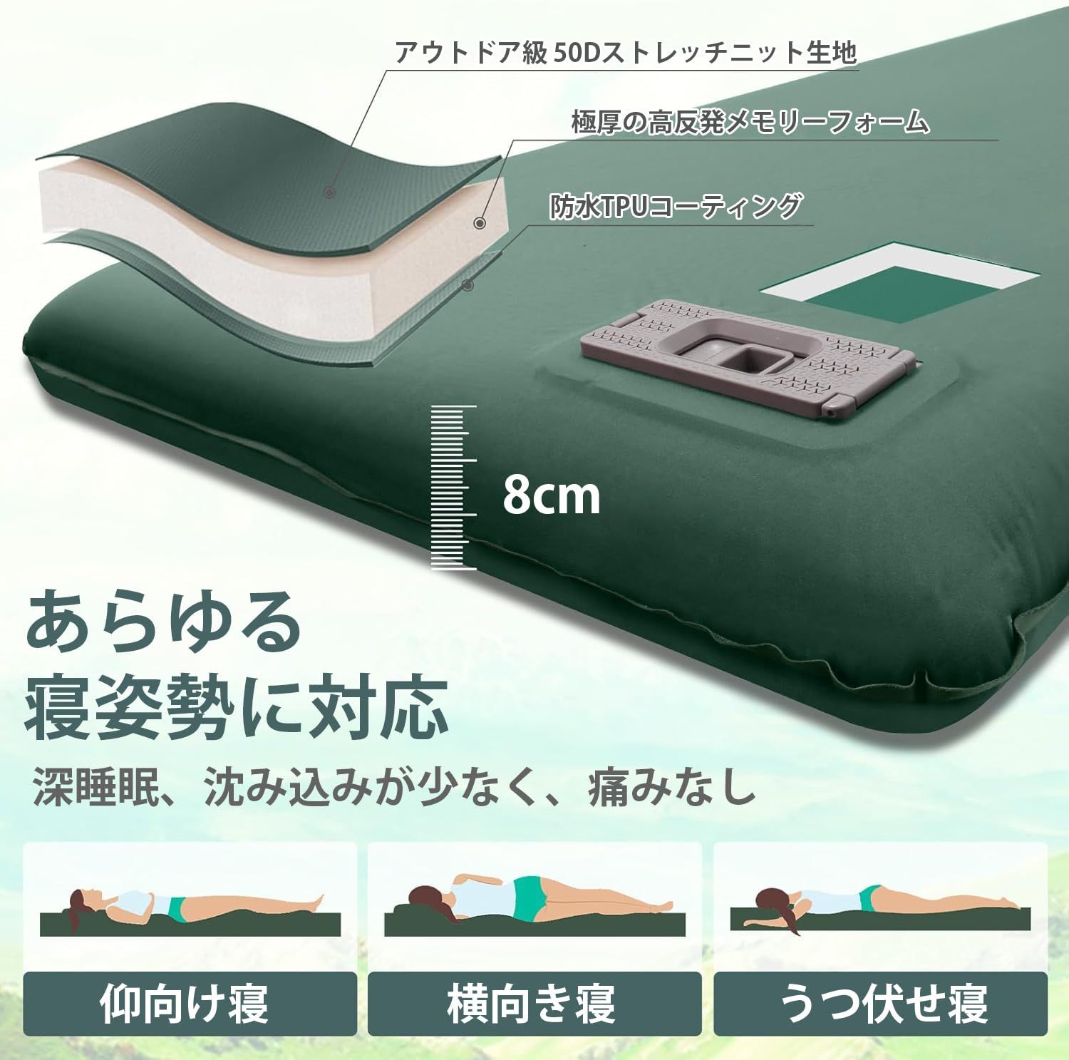 エアーマット電動ポンプ内蔵 キャンプマット ワンボタンで自動空気を入れる 抜く インフレーターマット エアマット 8cm厚手 R値9.5 収納袋付き グリーン OLIVEOS_COM_TR