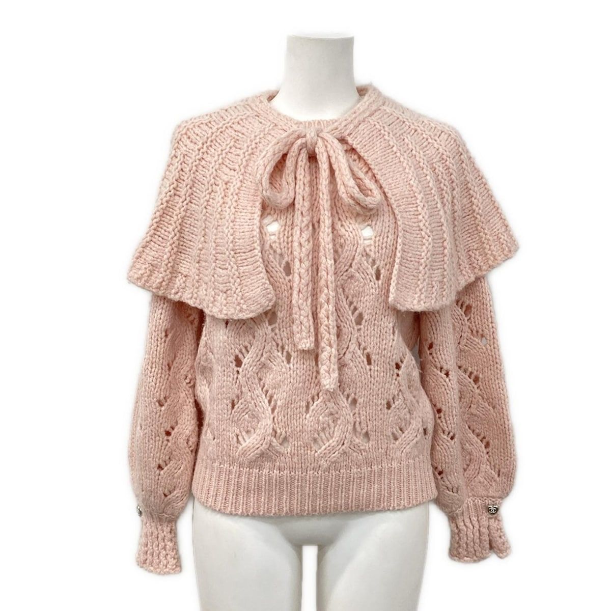 CHANEL シャネル 長袖セーター サイズ38 M レディース P71442 ピンク ケープ付き 襟取外し可 ココマーク ラインストーン ハートボタン