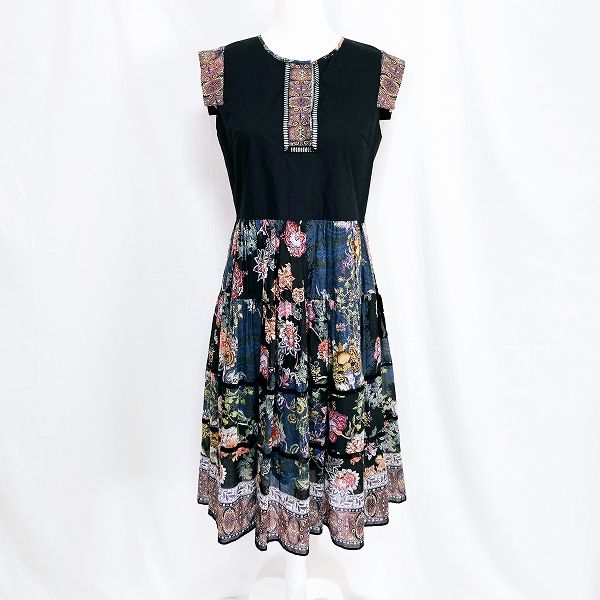 snc アルバ ロッサ インポートロッサ ALBA ROSSA ワンピース 42 黒 マルチ シルク混 花柄 ティアード 半袖 レディース 945138
