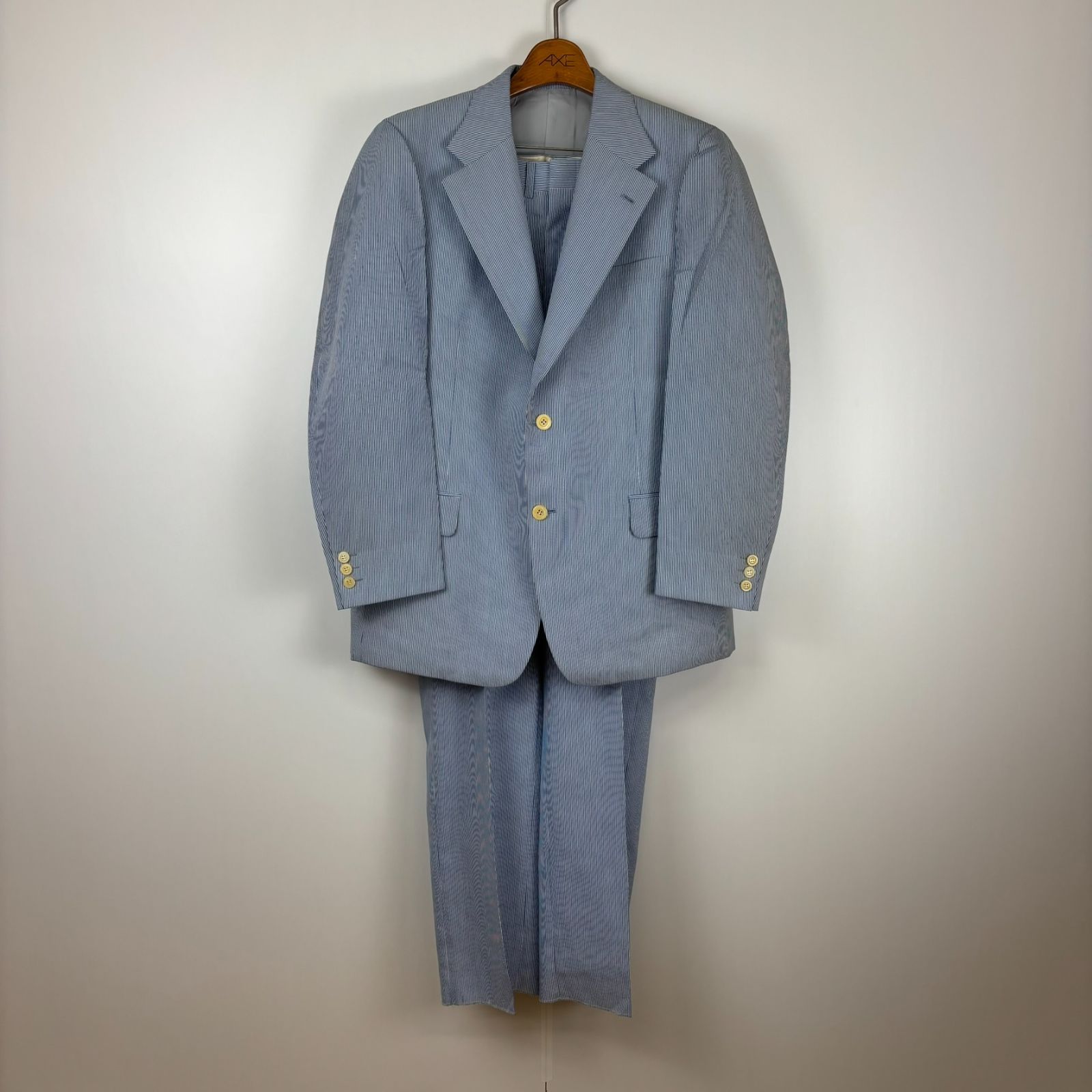 FINE CLOTHES セットアップ スーツ ライトブルー ストライプ柄 B7サイズ 古着 ヴィンテージ レトロ 90s oc-001-039