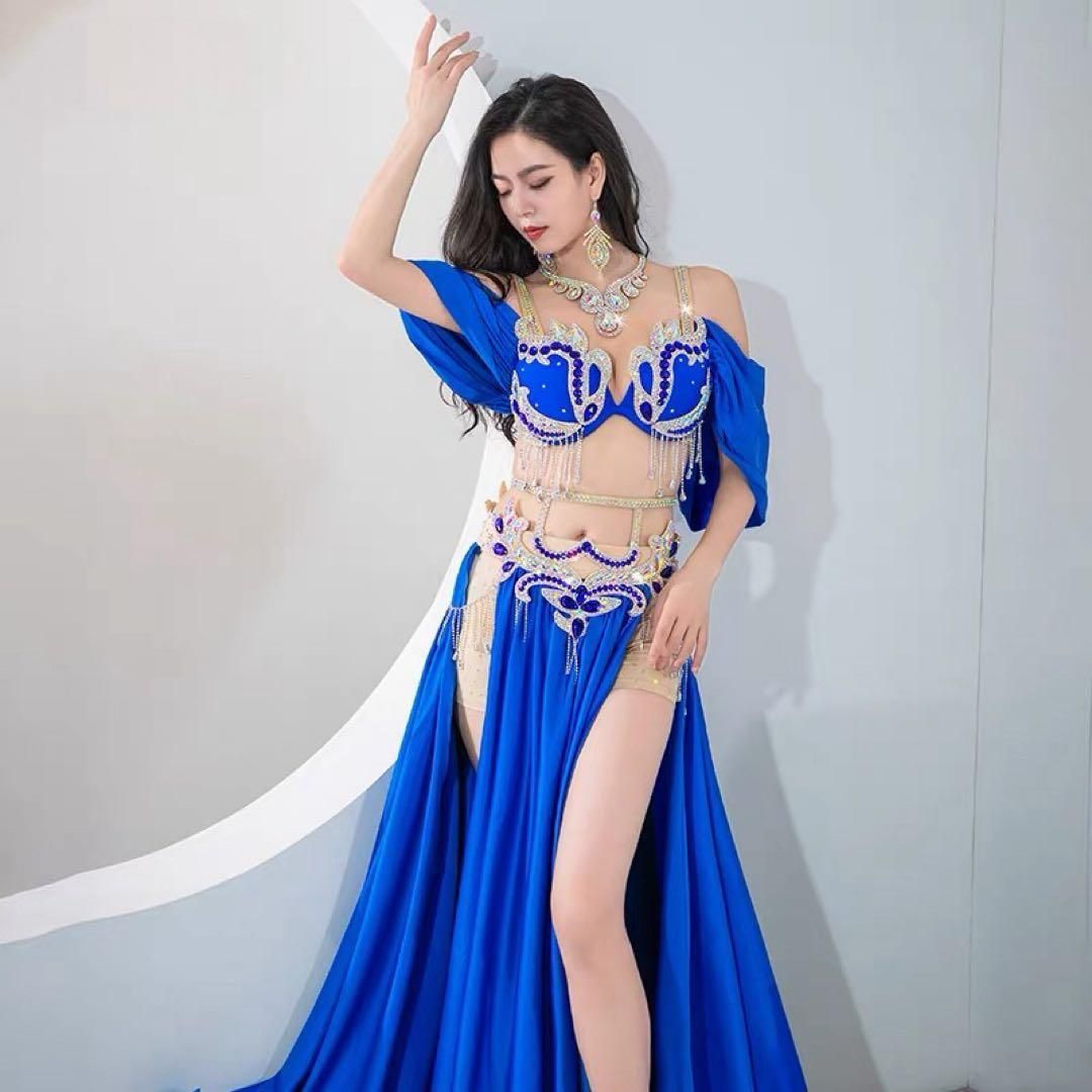 ロイヤルブルー煌めくベリーダンス衣装セット ビジューがキラキラ