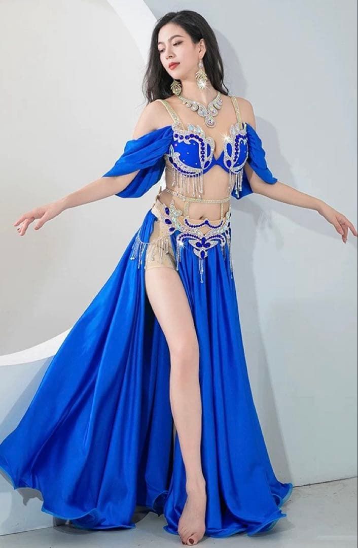 ロイヤルブルー煌めくベリーダンス衣装セット ビジューがキラキラ