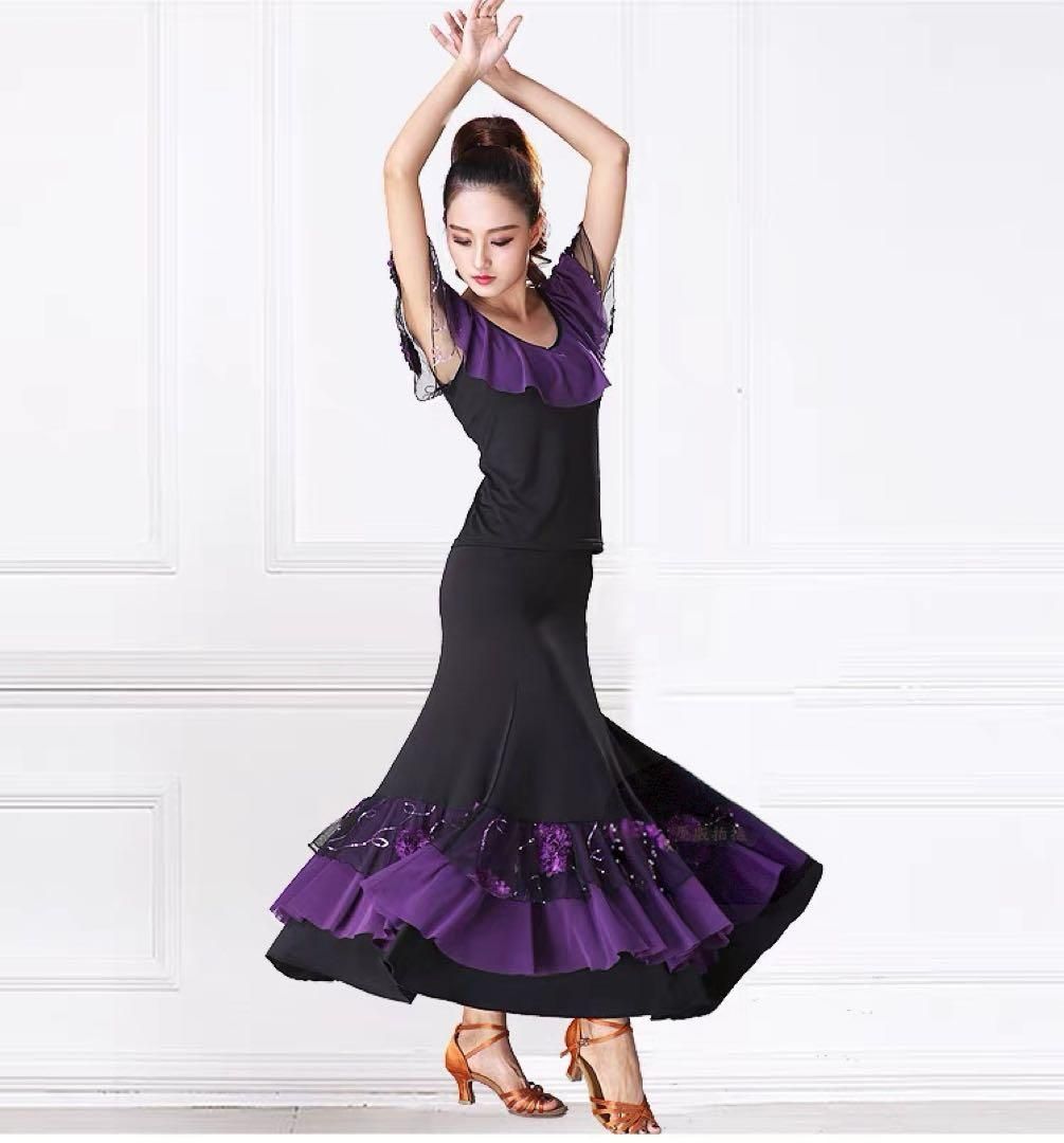 黒×赤花の華やか社交ダンス練習着、スタンダードやフラメンコの練習にも！