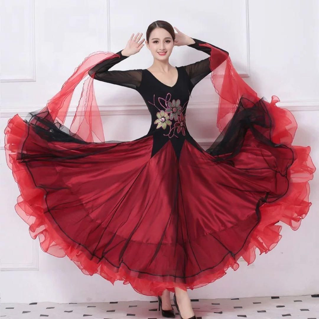 情熱の赤❤️競技会やダンスパーティーでも目をひくスタンダード向けワンピース ✨ 情熱の赤競技会やダンスパーティーでも目をひくスタンダード向け