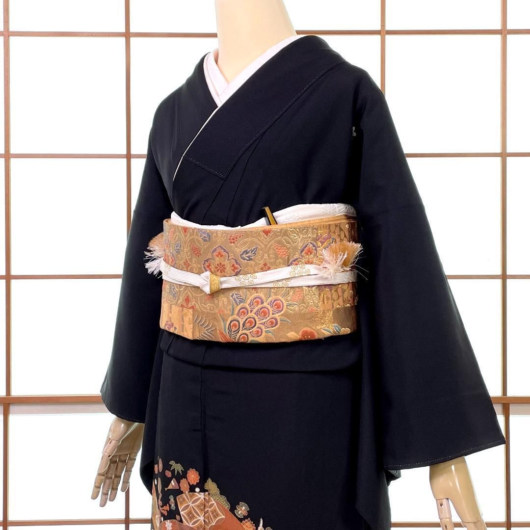 黒留袖 正絹 刺繍 金彩 鳳凰 宝尽くし 扇面 熨斗 着物 kimonolove リユース品 オゾン消臭サービス A 1929