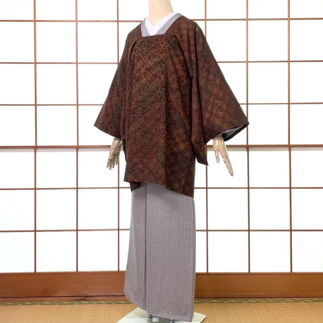 和装コート 道行 輪奈ビロード 正絹 ハート柄 ブラウン 手縫い 着物 kimonolove 作家物 リユース品 オゾン消臭サービス A-2001