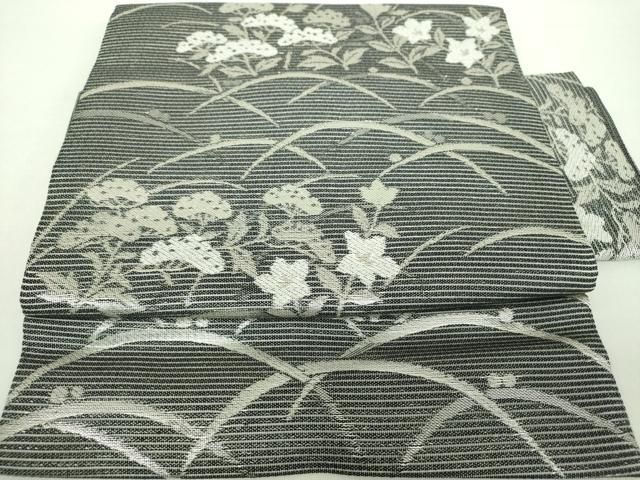 平和屋着物 つけ帯 秋草文 黒地 銀糸 正絹 ps