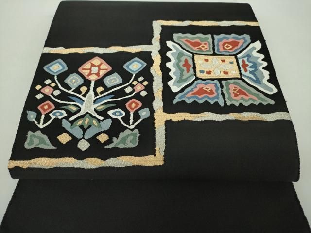 平和屋着物 爪掻き本綴れ 八寸名古屋帯 草花文 黒地 金銀糸 正絹 ps