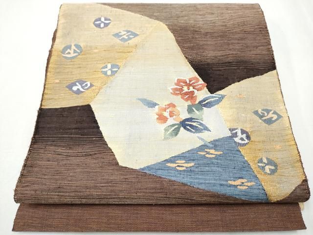 平和屋着物 八寸名古屋帯 紬地 すくい織 切嵌草花文 やまと誂製 正絹 hy