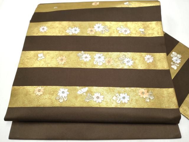 平和屋着物 九寸名古屋帯 刺繍 横段花丸文 金彩 引箔 正絹 hy