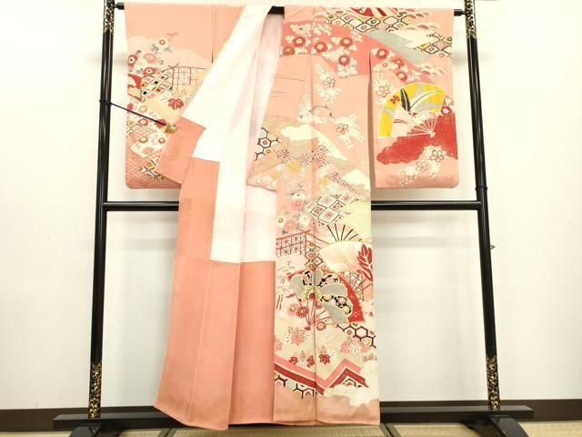 平和屋着物 アンティーク 大正ロマン 訪問着 駒刺繍 扇面花文 金彩 正絹 fe