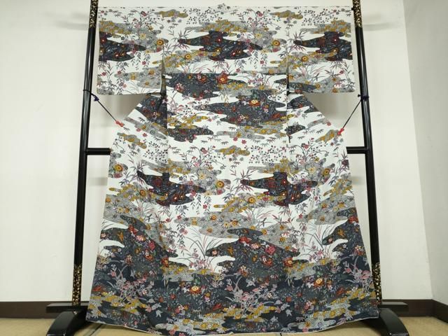 平和屋着物 訪問着 型染め 流水花鳥文 正絹 ud