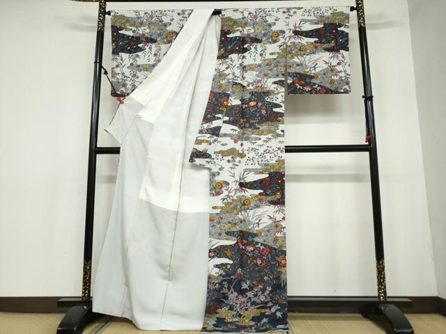 平和屋着物 訪問着 型染め 流水花鳥文 正絹 ud