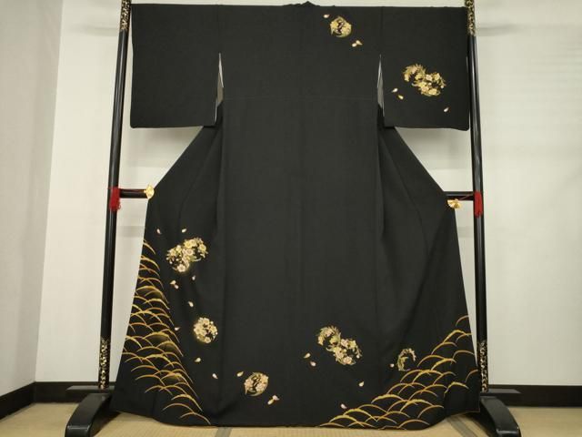 平和屋着物 訪問着 雪芝花丸文 黒地 金彩 やまと誂製 正絹 ck