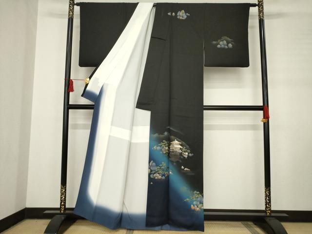 平和屋着物 訪問着 銀閣寺 暈し染め 黒地 金銀彩 正絹 ck