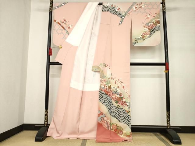 平和屋着物●訪問着　吉祥花文　円舞紬　金彩　ロング丈　正絹　逸品　AABC9454ck 平和屋着物○訪問着 吉祥花文 円舞紬 金彩 ロング丈 正絹