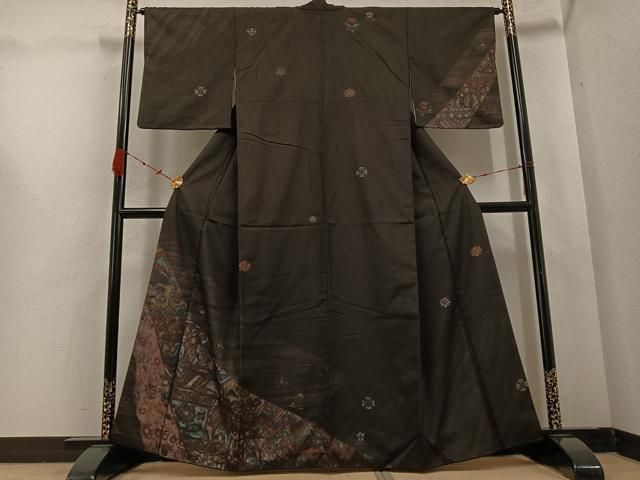 平和屋着物 訪問着 紬地 ろうけつ染 草花文 正絹 ph