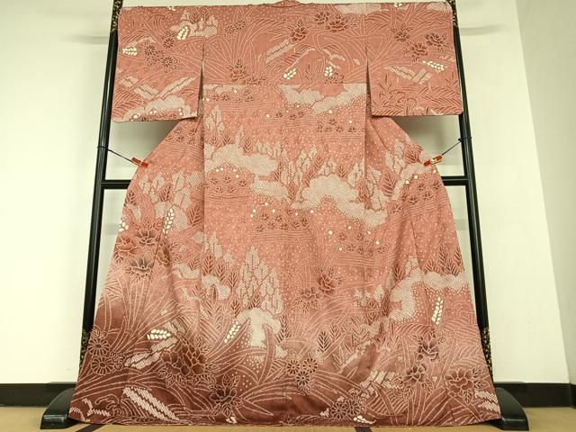 平和屋着物 訪問着 絞り 刺繍 草花文 金糸 ロング丈 正絹 zg