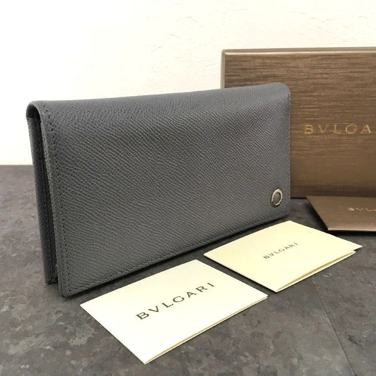 み BVLGARI 長財布 ライトグレー レザー ブルガリマン 489