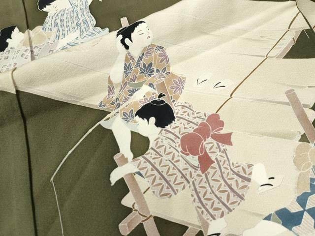  平和屋着物 十日町友禅作家 関口遼一 訪問着 駒刺繍 童子遊び 仮絵羽 正絹 yc 訪問着 付け下げ 着物