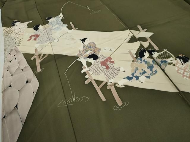 平和屋着物○十日町友禅作家 関口遼一 訪問着 駒刺繍 童子遊び 仮絵羽