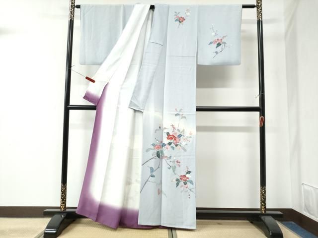 平和屋着物 訪問着 友禅 休み鳥南天枝花文 暈し染め 正絹 yc