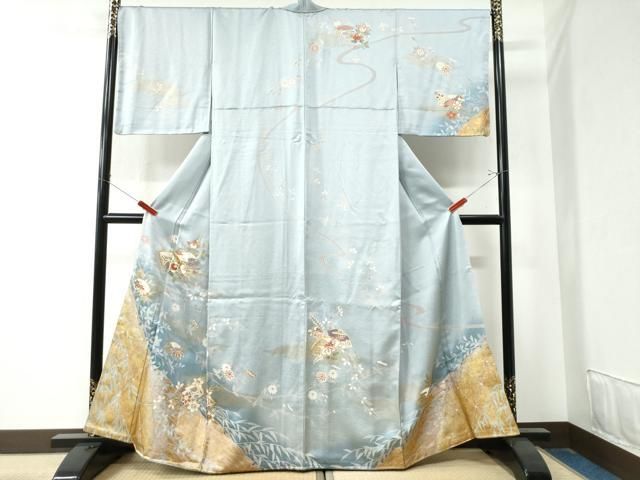 平和屋着物 訪問着 駒刺繍 地紙籬草花文 暈し染め 金彩 正絹 yc