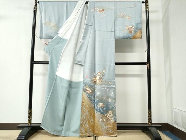 平和屋着物 訪問着 駒刺繍 地紙籬草花文 暈し染め 金彩 正絹 yc