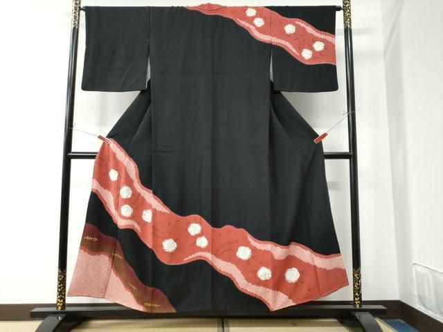 平和屋着物 訪問着 辻が花 手描き 絞り 黒地 金通し地 正絹 yc