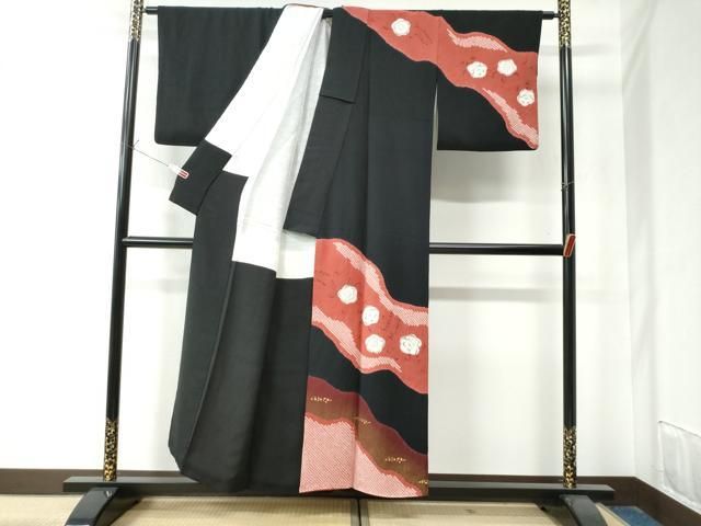 平和屋着物 訪問着 辻が花 手描き 絞り 黒地 金通し地 正絹 yc
