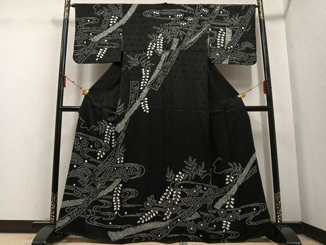 平和屋着物 訪問着 絞り 流水草花文 黒地 正絹 ph