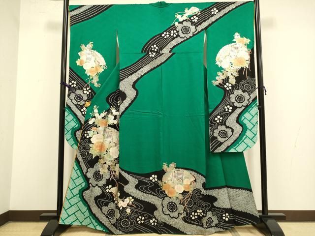 平和屋着物 ブライダルファッションデザイナー 桂由美 振袖 絞り 檜扇御所車花文 金銀彩 正絹 du