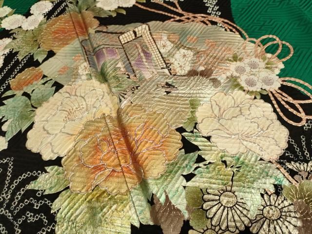  平和屋着物 ブライダルファッションデザイナー 桂由美 振袖 絞り 檜扇御所車花文 金銀彩 正絹 du 振袖 着物