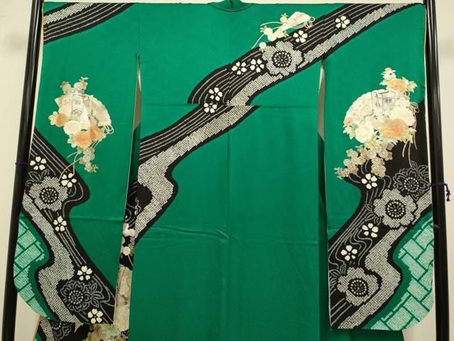 平和屋着物●ブライダルファッションデザイナー・桂由美　振袖　絞り　檜扇御所車花文　金銀彩　正絹　逸品　DAAZ5004du 平和屋着物○ブライダルファッションデザイナー・桂由美 振袖 絞り 檜