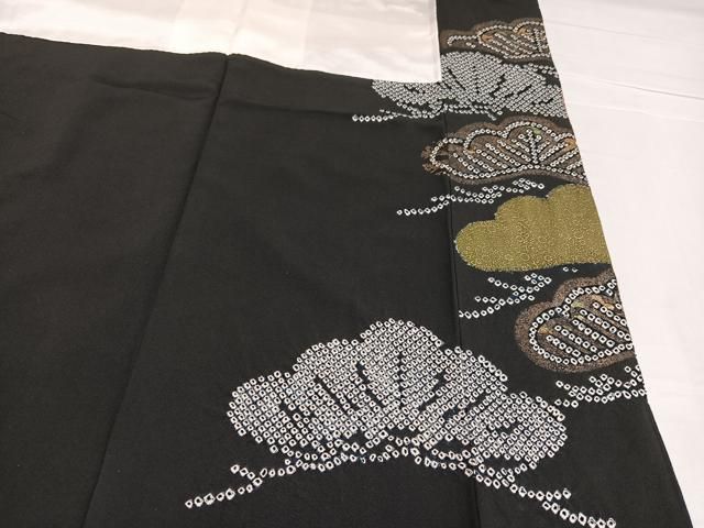  平和屋着物 豪華振袖 駒刺繍 絞り 群れ鶴丸文 黒地 金彩 正絹 ph 振袖 着物