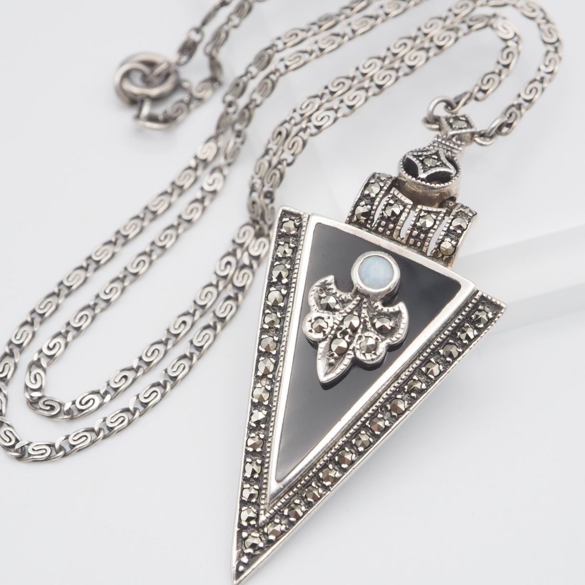 80 米国製 925オニキス マーカサイト ロケットヴィンテージ ネックレス