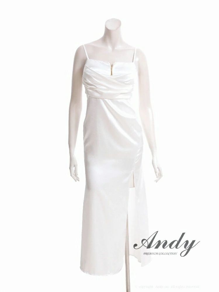 ホワイトブラック AN-ON2994 ANDY アンディ Andy アンディ サテン ジッパー ドレープ カシュクール キャミ タイト スリット ロングドレス ワンピース キャバドレス