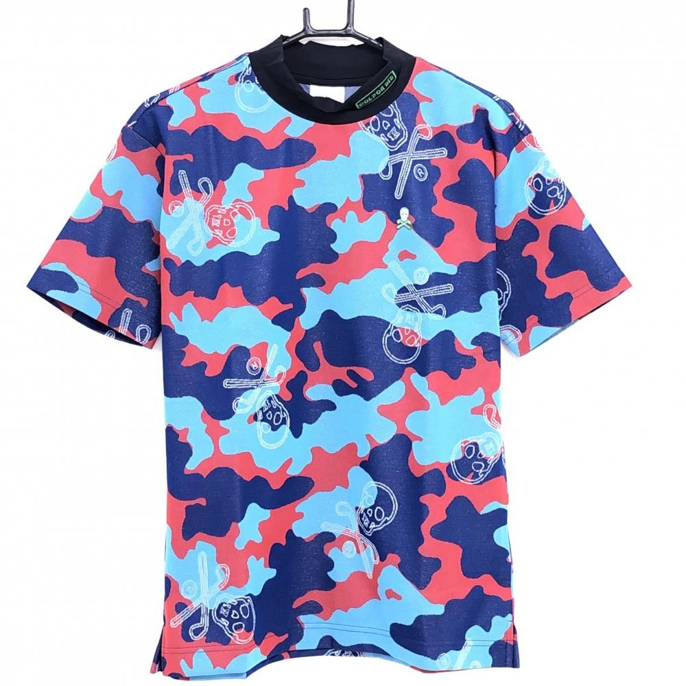 マークアンドロナ 半袖ハイネックシャツ ブルー×レッド メンズ 46 M ゴルフウェア 木村拓哉着用モデル MARK&LONA