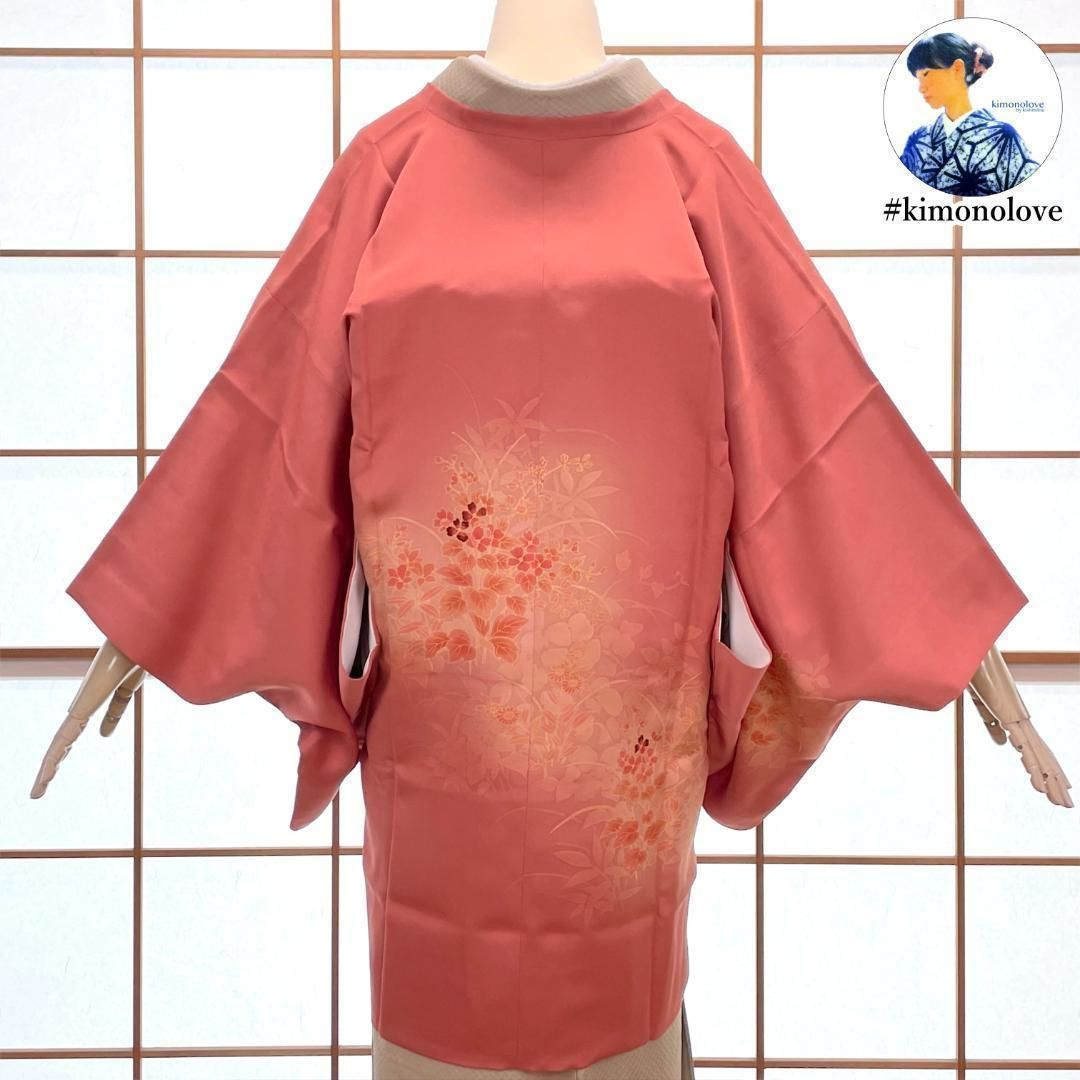 和装コート 道行 絵羽柄 正絹 金彩 刺繍 花柄 渋い濃桃色 手縫い 着物 kimonolove リユース品 オゾン消臭サービス A 1737