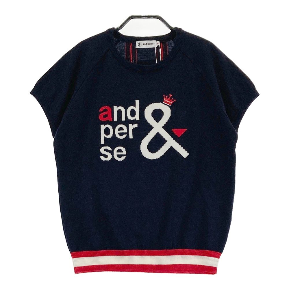 サイズ M AND PER SE アンパスィ 半袖ニットセーター ウール混 ストライプ柄 ネイビー系 240101553747 ゴルフウェア レディース ストスト