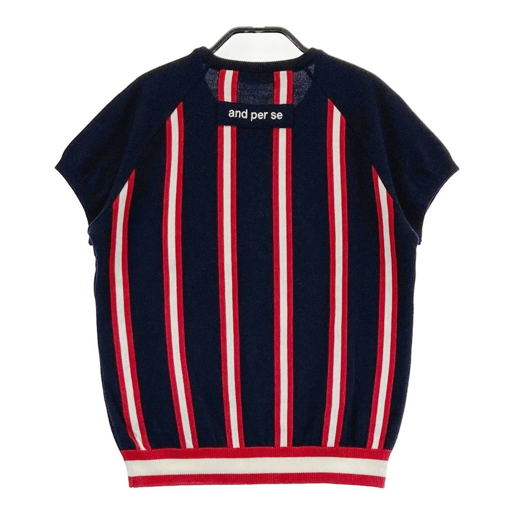サイズ M AND PER SE アンパスィ 半袖ニットセーター ウール混 ストライプ柄 ネイビー系 ゴルフウェア レディース ストスト