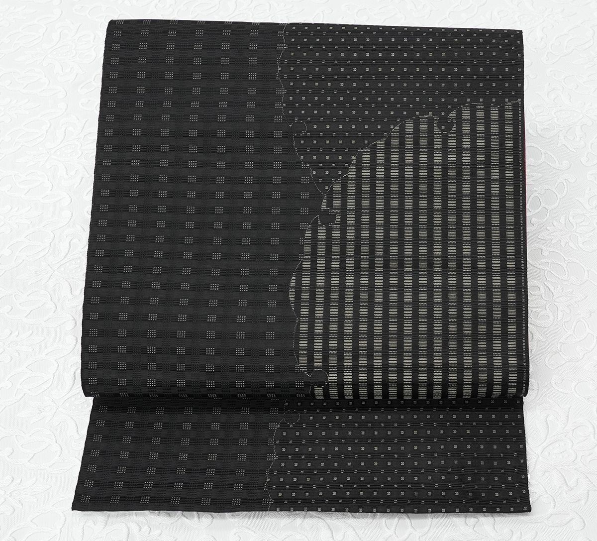 未仕立 博多帯 協和織 八寸 名古屋帯 大きい雪輪柄 黒地 仕立代込み