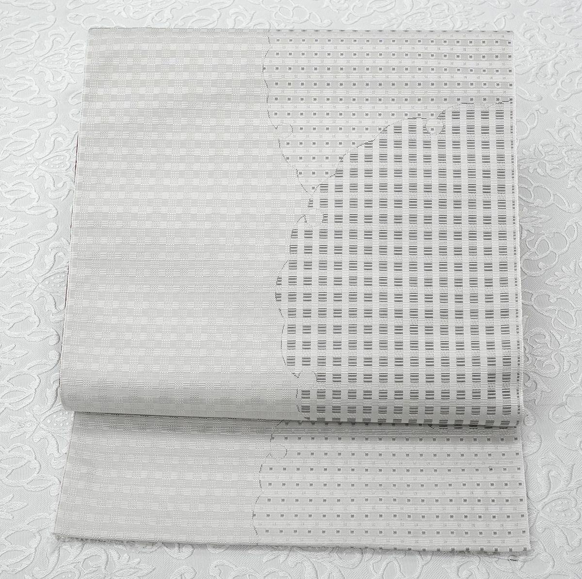 未仕立 博多帯 協和織 八寸 名古屋帯 大きい雪輪柄 グレー 仕立代込み