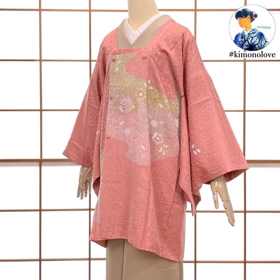 和装コート 道行 絵羽柄 正絹 金彩 花柄 くすみピンク 手縫い 着物 kimonolove リユース品 オゾン消臭サービス A 1736