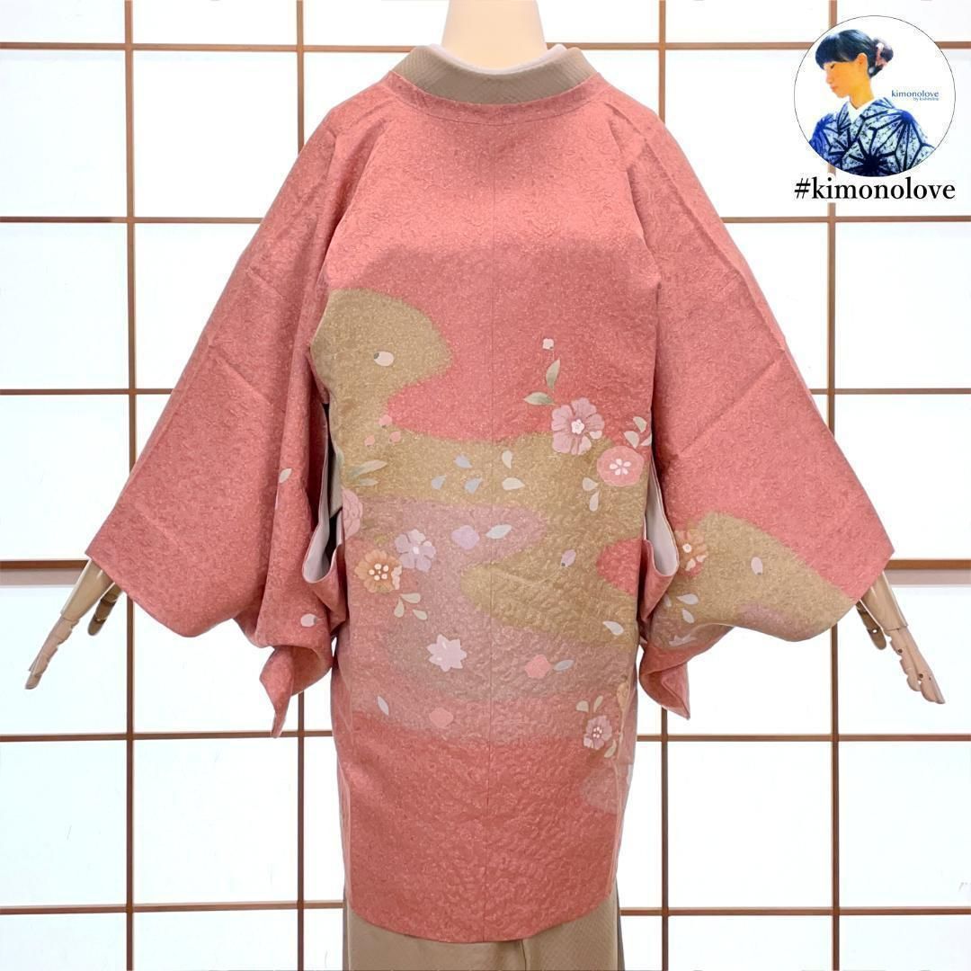 和装コート 道行 絵羽柄 正絹 金彩 花柄 くすみピンク 手縫い 着物 kimonolove リユース品 オゾン消臭サービス A 1736